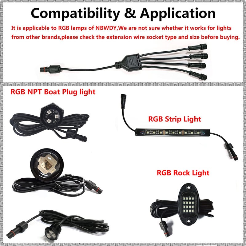 NBWDY Waterproof 1-4 Y Extension Cable Wire Cord Set for Neon LED Boat Drain Plug Underwater Light, Rock Light (1-to-4 Splitter Y Cable Extension Wire) - Image 3